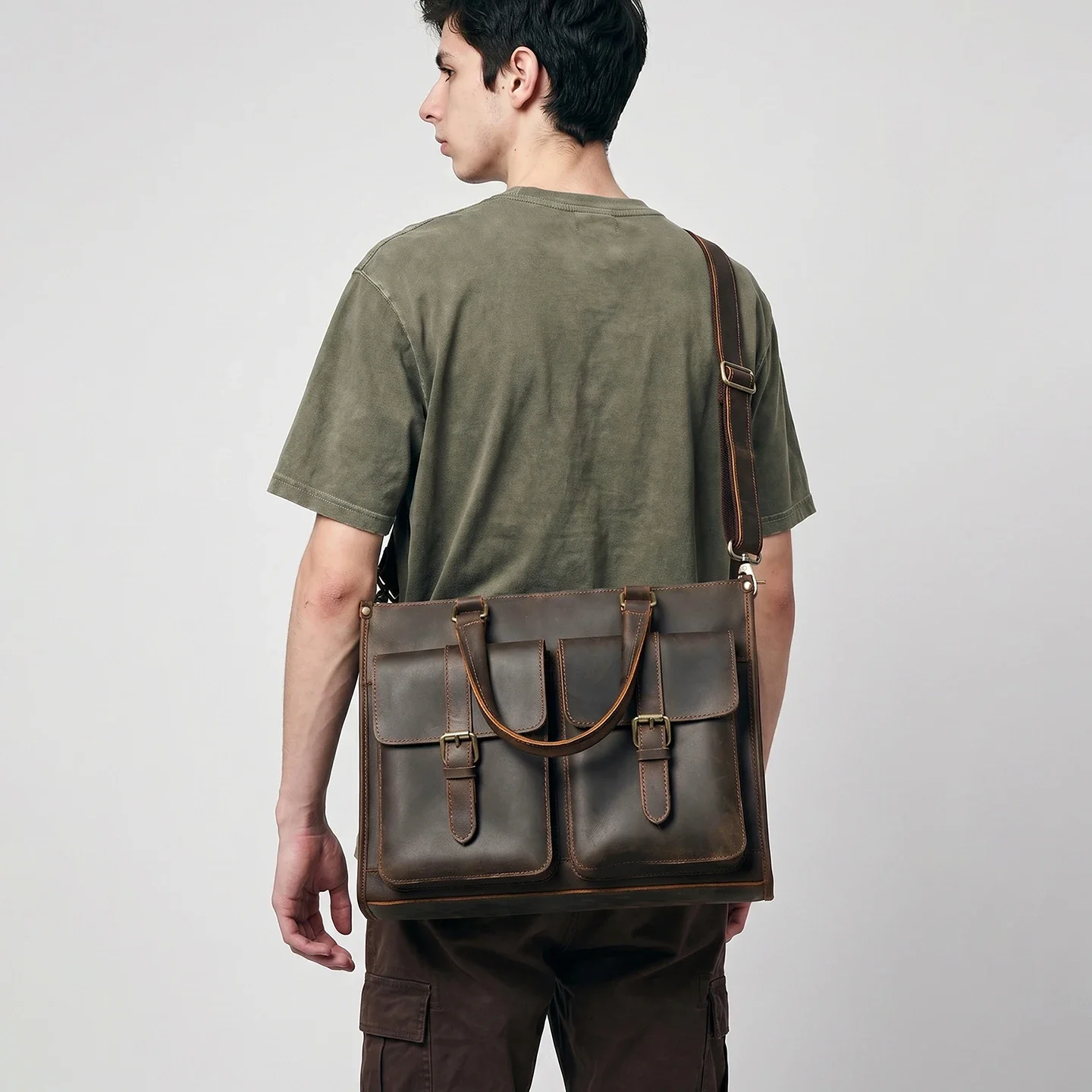Leather Work Laptop Bag - Vintage Genuine Leather Men Crossbody Shoulder