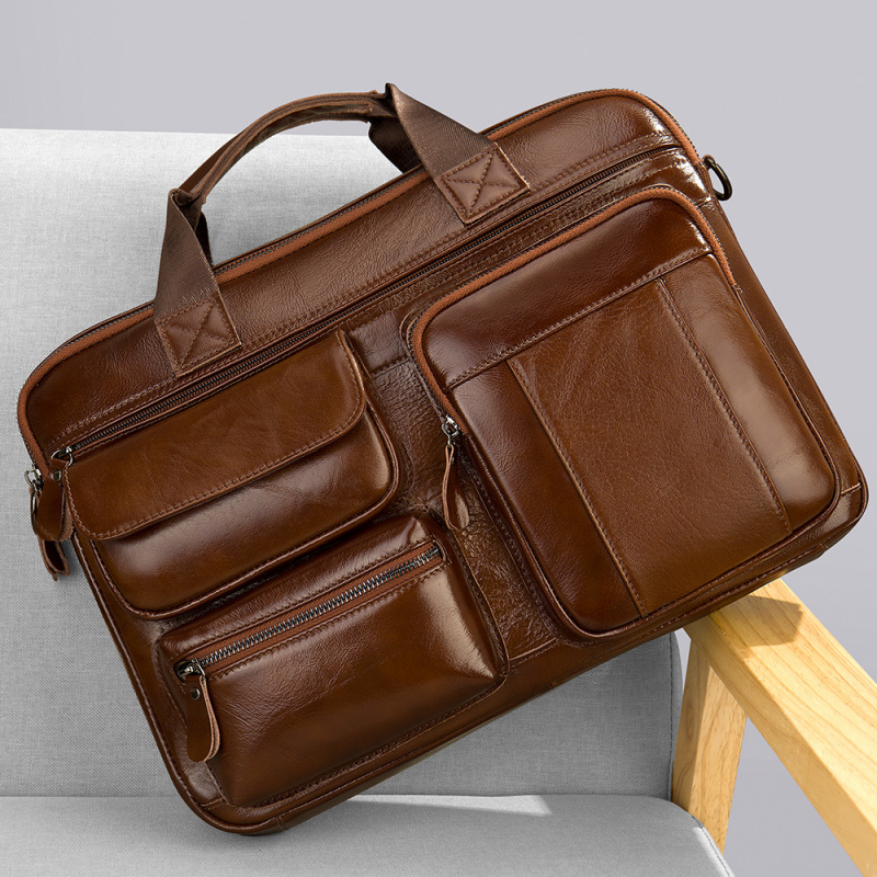 Leather Work Laptop Bag - Business travel commuter genuine leather handbag