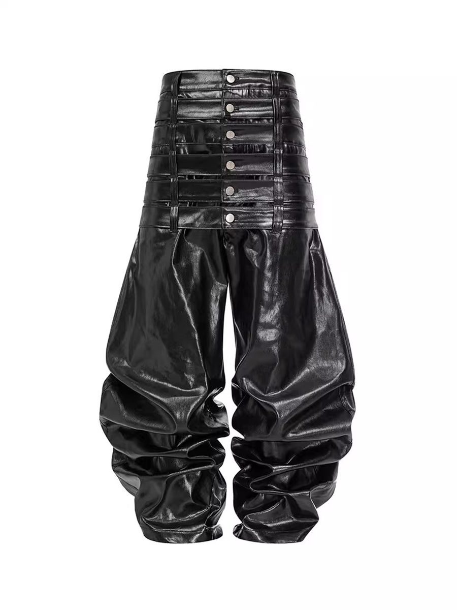 Leather Work Pants - Mauroicardi Autumn Long Multi-waisted Shiny Black