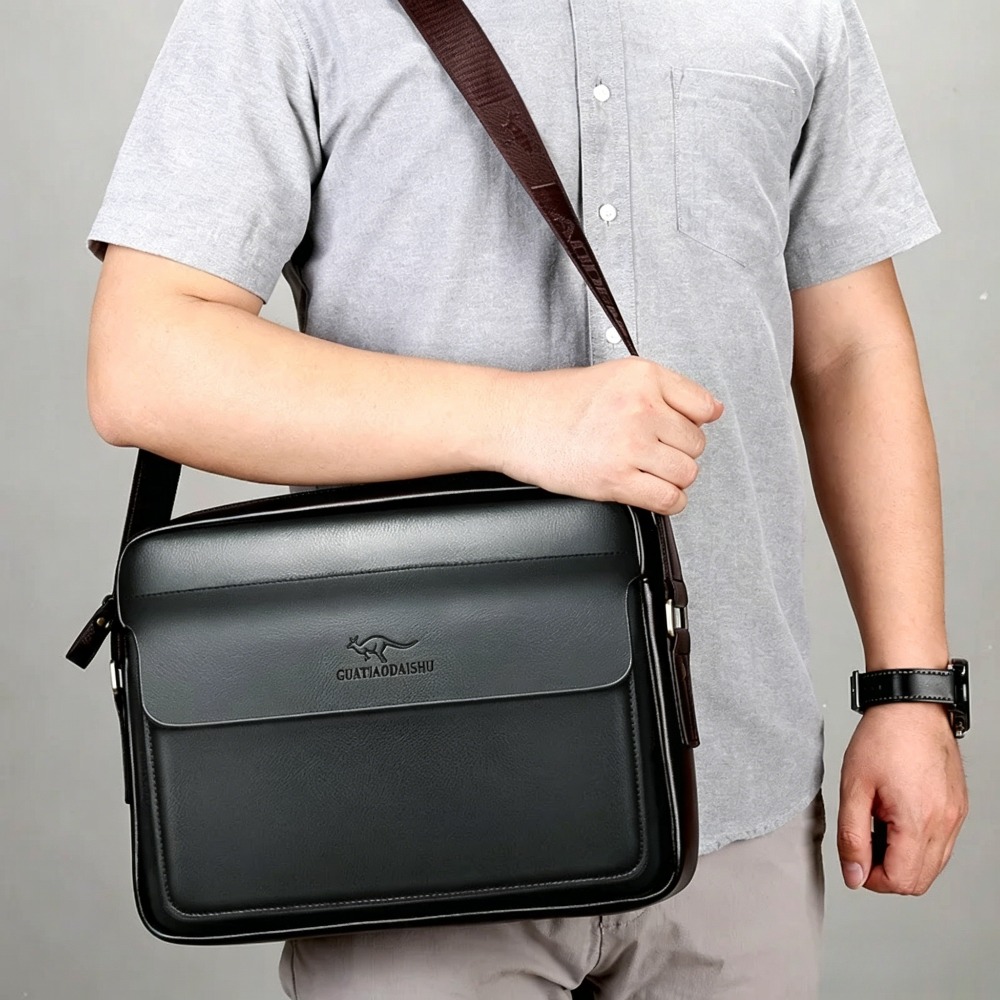 Leather Work Laptop Bag - PU leather retro men's single-shoulder bag,